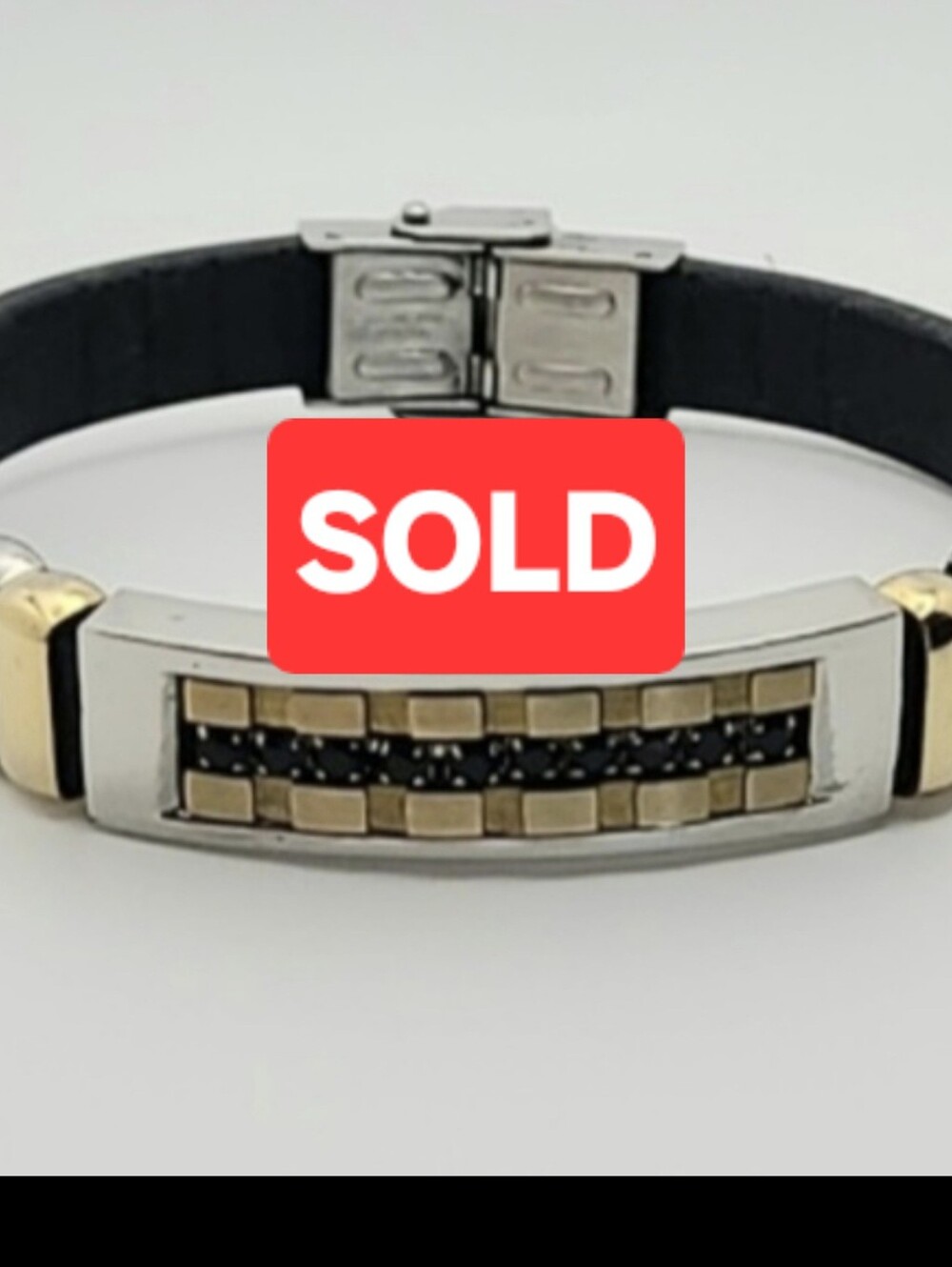 Unisex Stainless Steel Two-Tone Bracelet Black PUC Leather Pave' Stones 8.5"